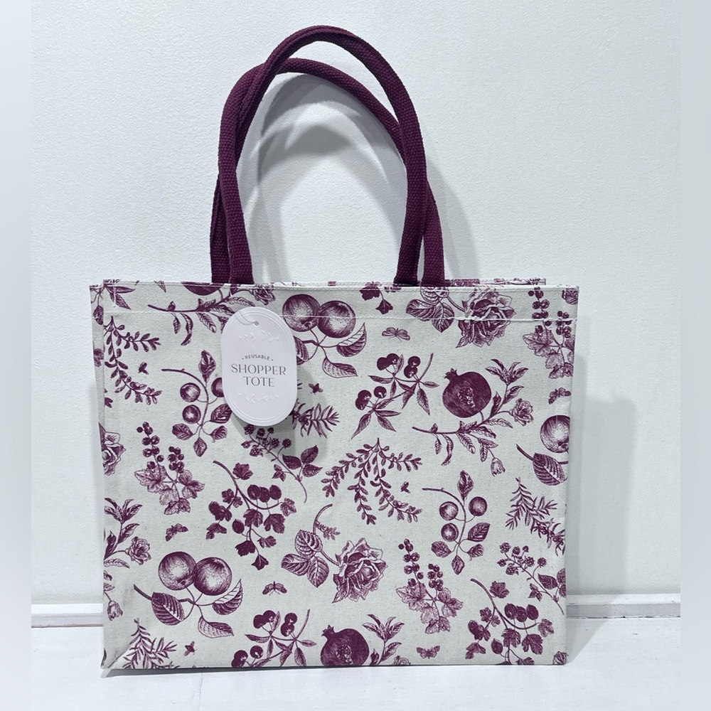 Eccolo Shopper Tote Floral Canvas Bag Plum & Cream Botanical Print Eco Friendly